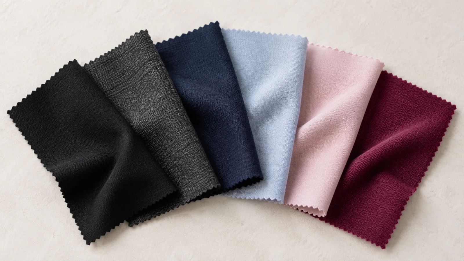 Campioni di tessuto nero, carbone, blu, rosa freddo e bordeaux disposti a ventaglio