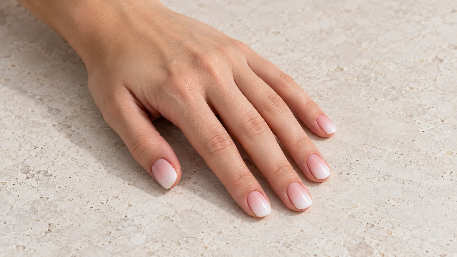 Mano con unghie ovali sfumate dal rosa tenue al bianco.