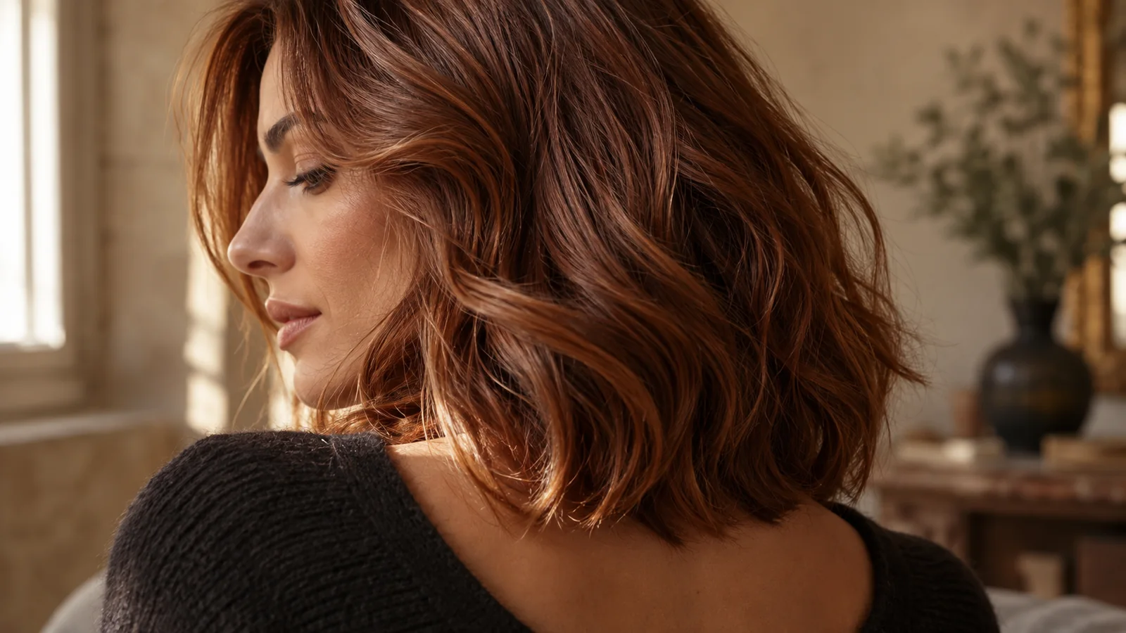 Donna con capelli color rame illuminati dalla luce laterale