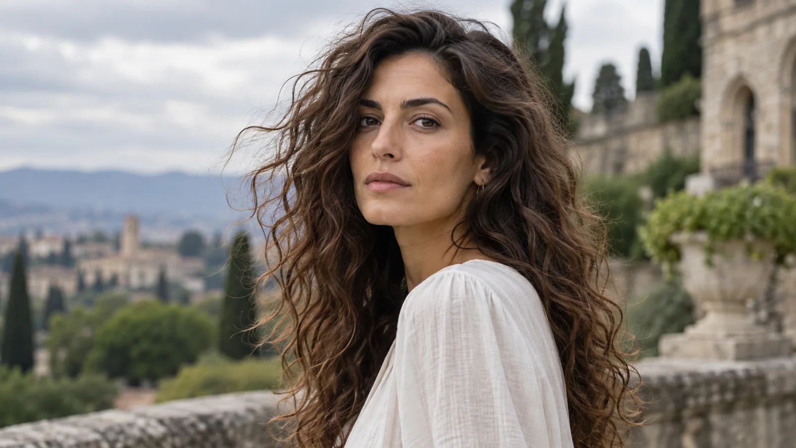 Donna con capelli mossi naturali all'aperto in luce diffusa