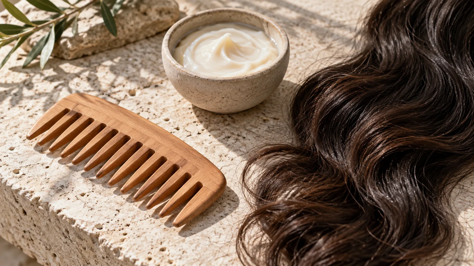 Ciocca di capelli ondulati accanto a un pettine in legno e una maschera