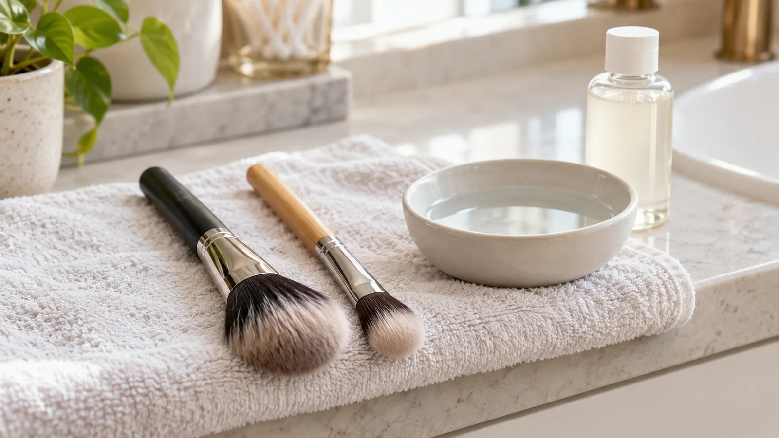 Due pennelli puliti con setole sul bordo di un asciugamano, ciotola e detergente