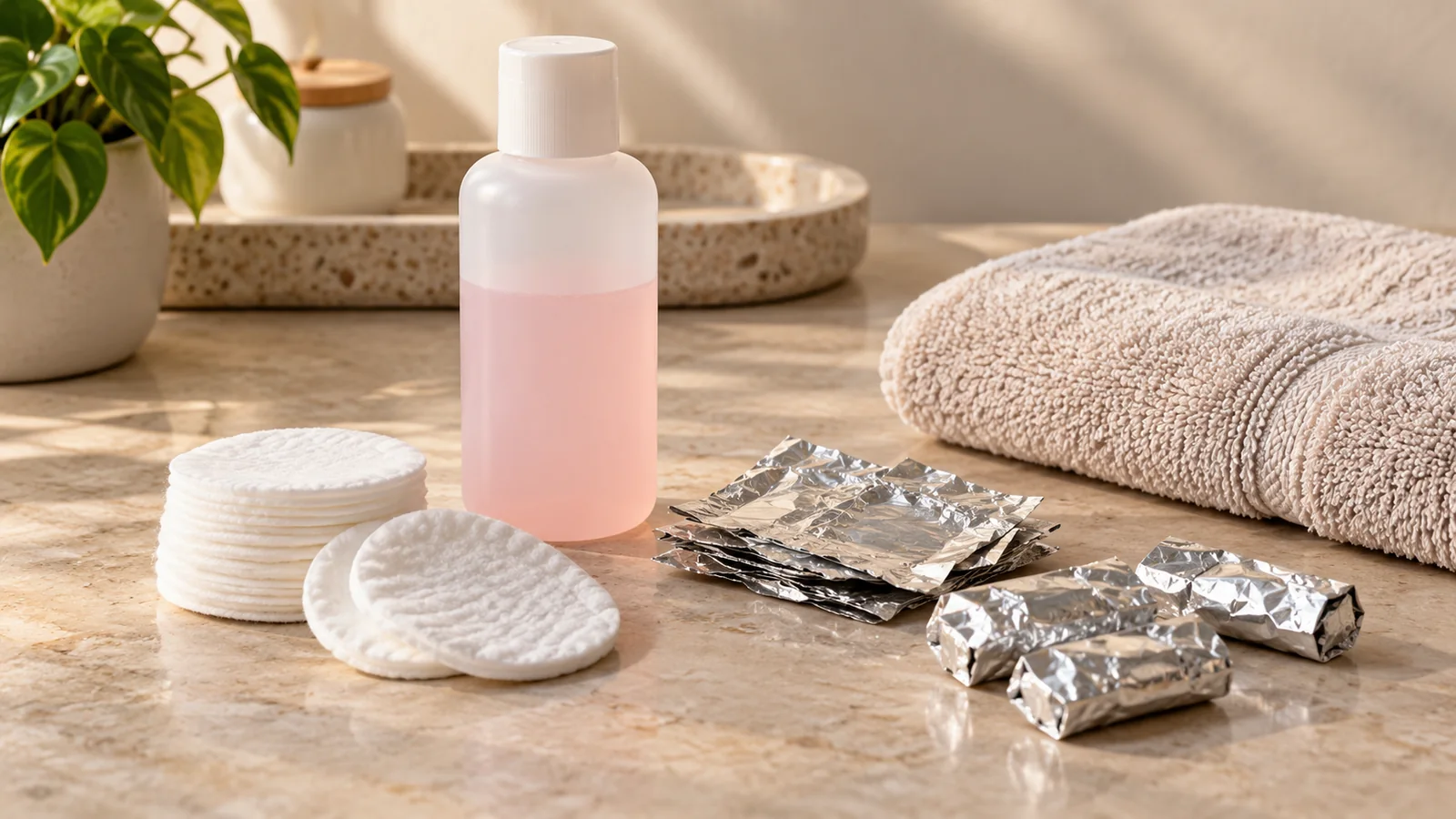 Cotone, fascette di alluminio e solvente senza etichetta su un piano per manicure