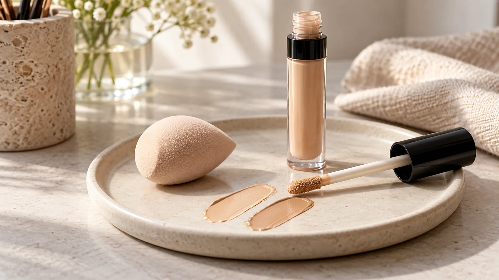 Tubo di correttore beige, applicatore e spugnetta accanto a due campioni di colore.