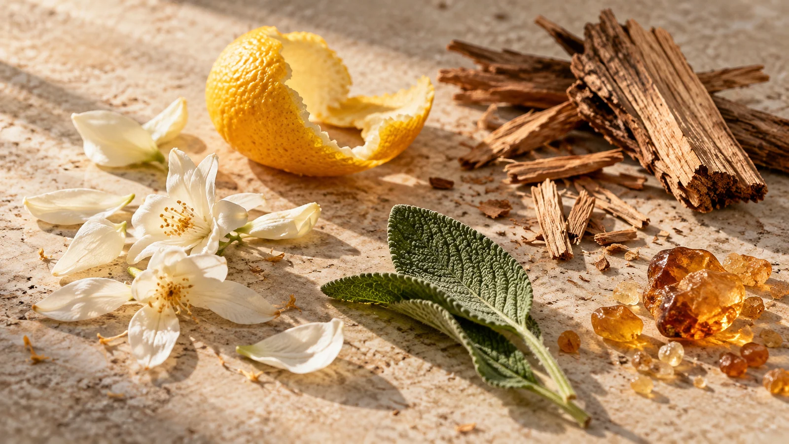 Fiori chiari, scorza di agrume, foglie, legno e resina disposti su pietra.
