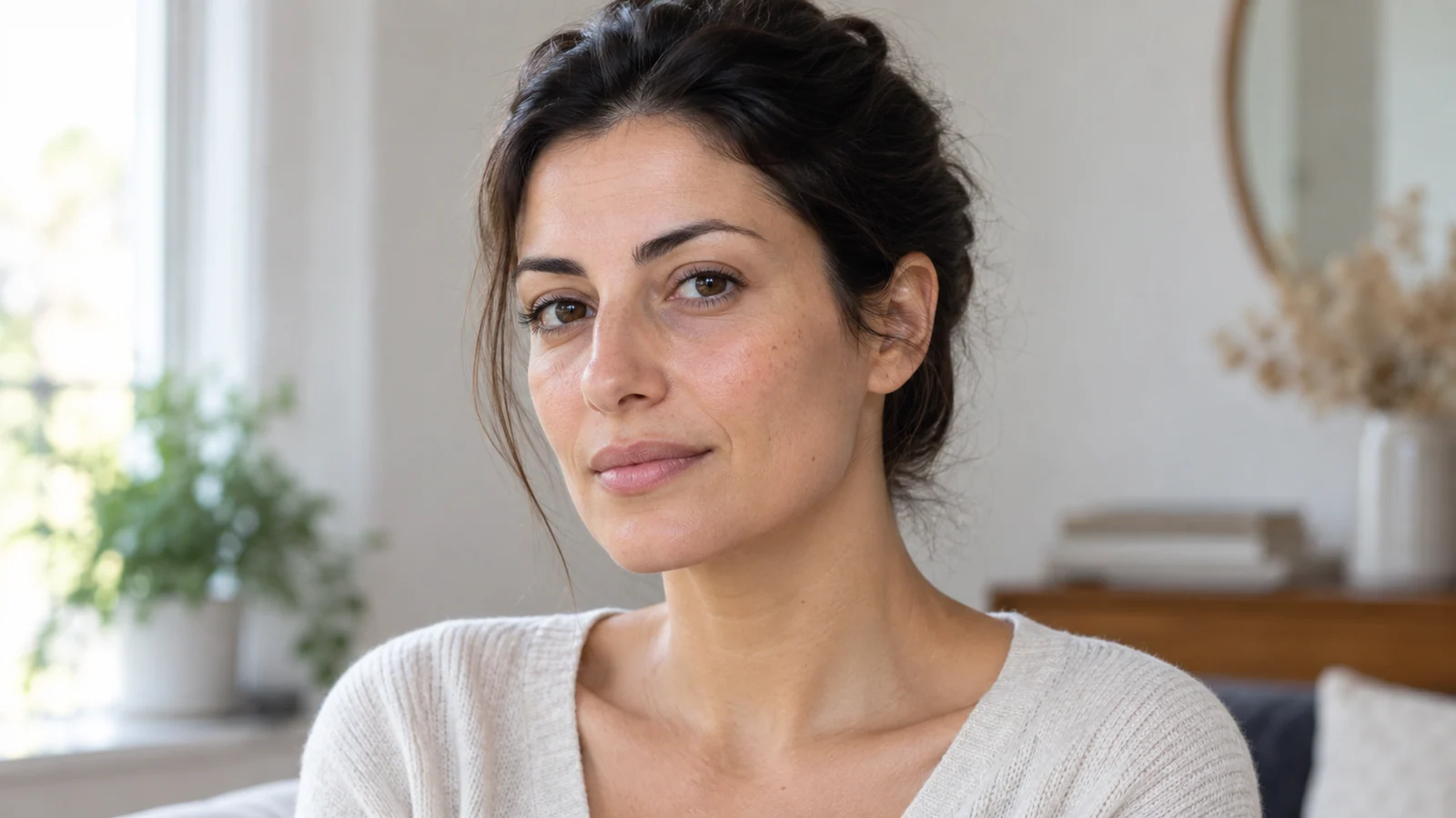 Ritratto di una donna con capelli raccolti e volto rivolto leggermente di lato.