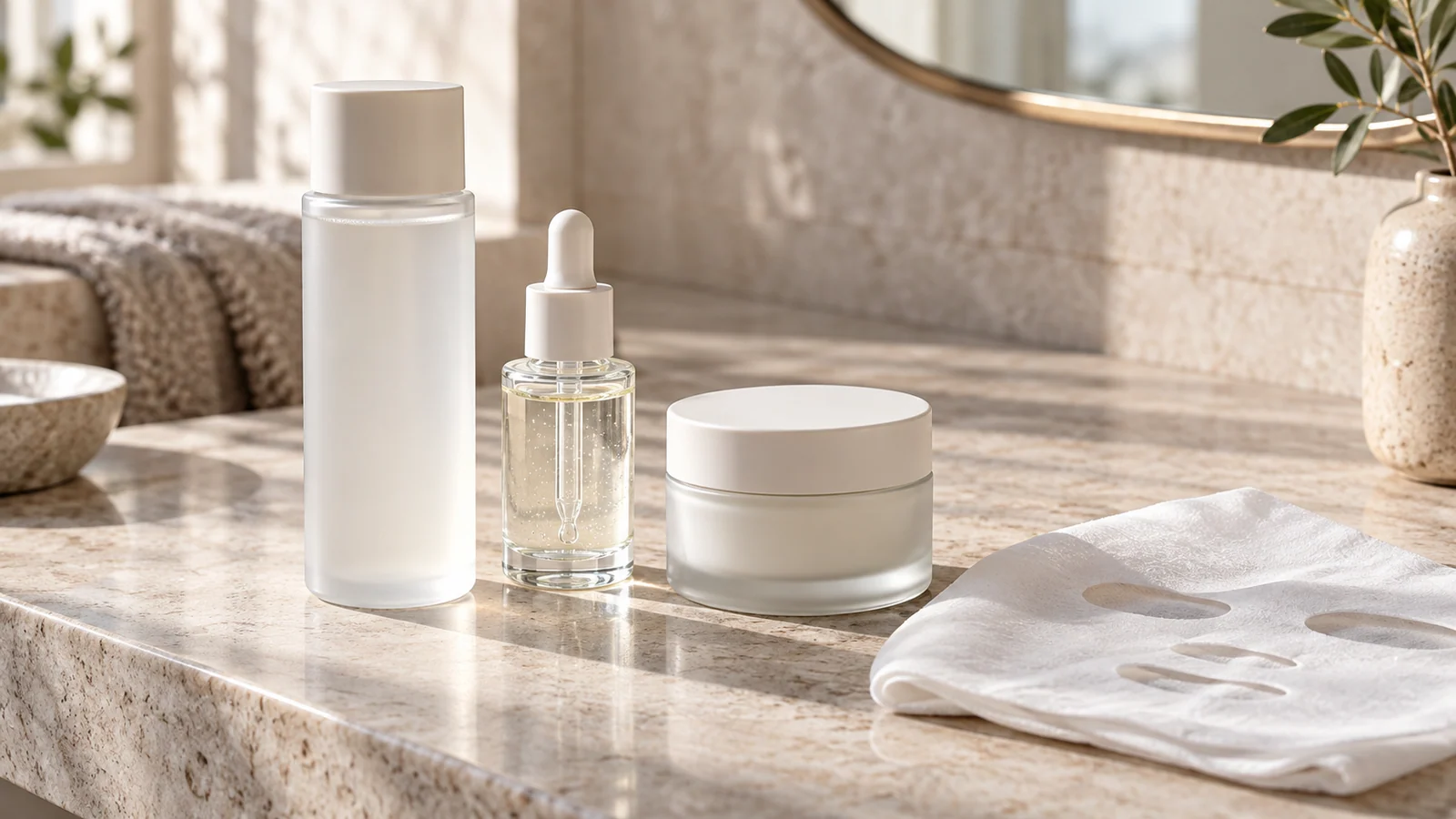 Flacone, contagocce e vasetto skincare accanto a una maschera in tessuto.