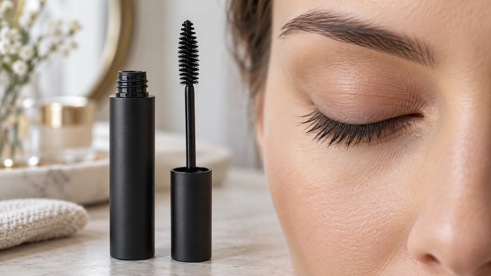 Scovolino e tubetto di mascara accanto a un occhio chiuso con ciglia naturali.