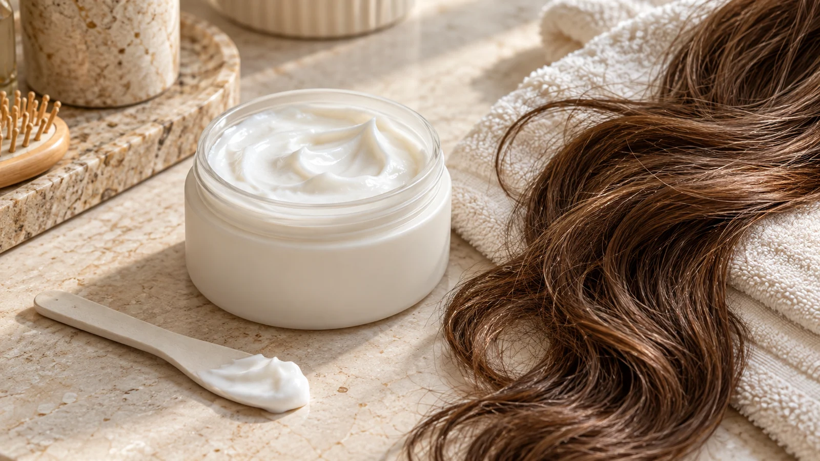 Vasetto aperto di maschera bianca con spatola e una ciocca castana.