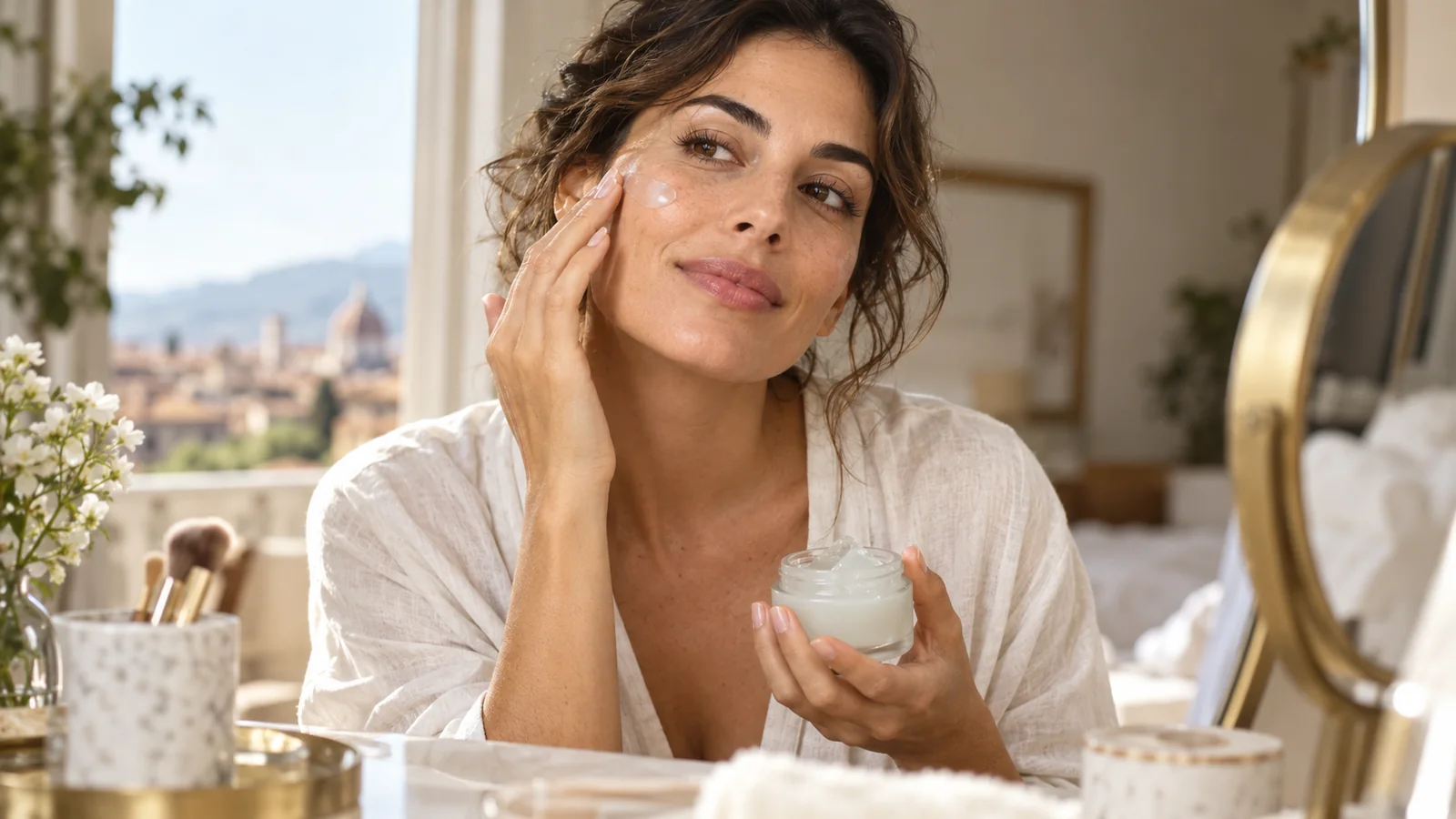 Donna applica un idratante leggero al viso davanti allo specchio