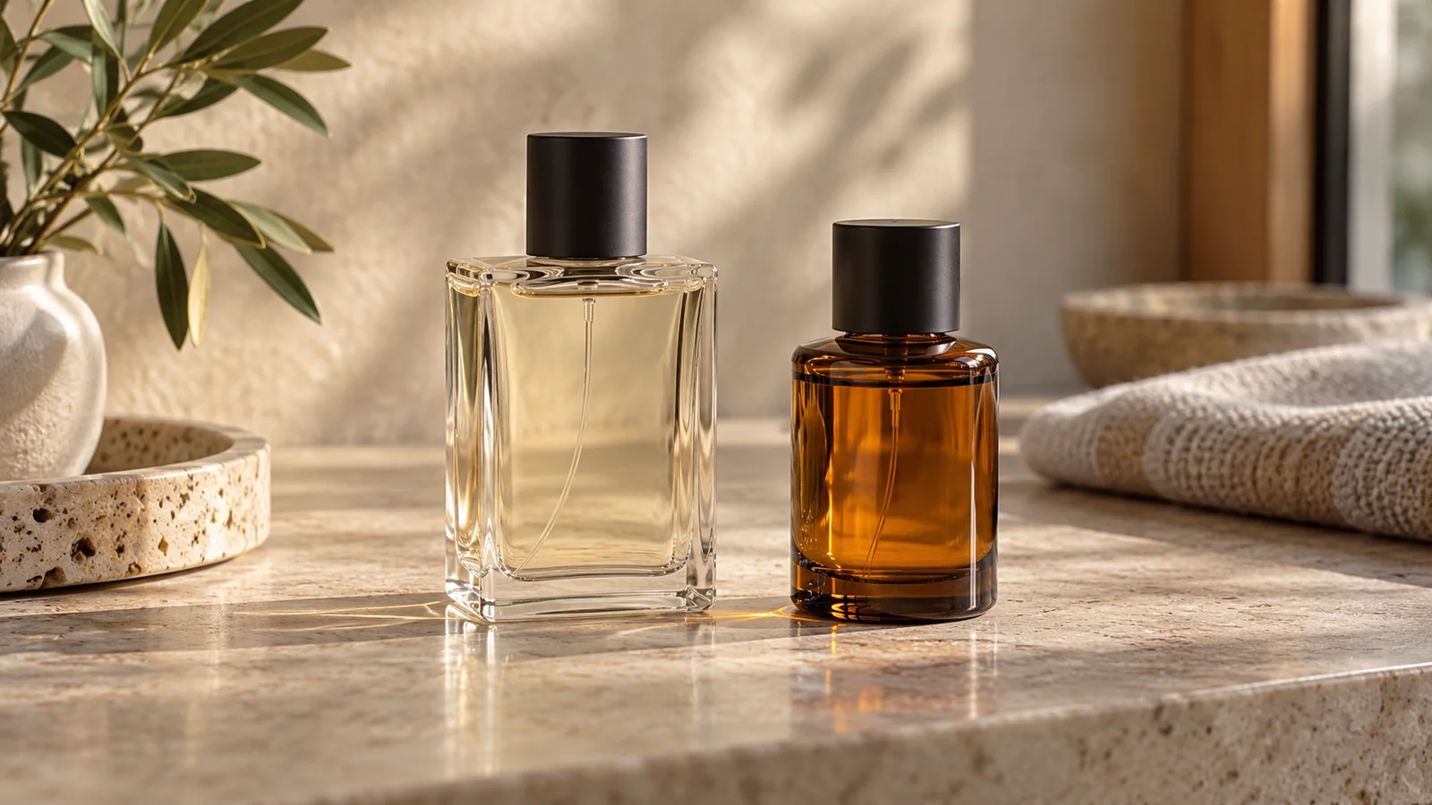 Due flaconi anonimi di profumo in vetro chiaro e ambrato, senza etichette