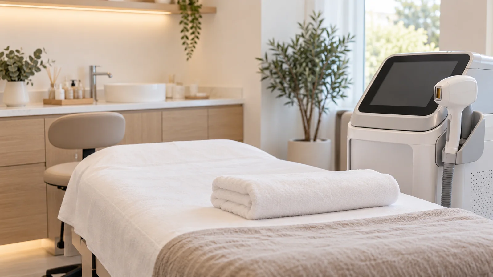 Cabina estetica con lettino e dispositivo di epilazione laser spento