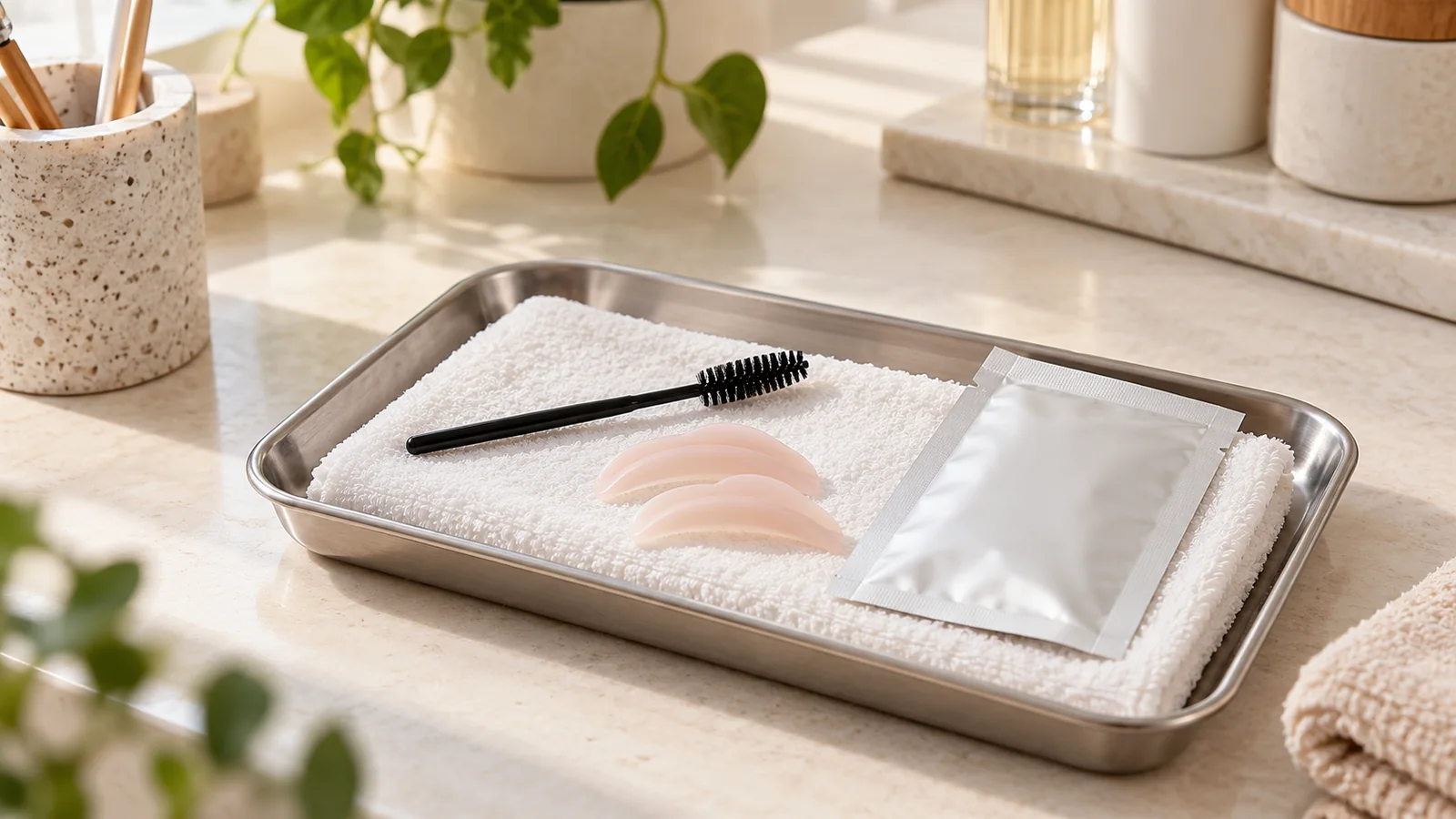 Spazzolino per ciglia e accessori in silicone su un vassoio pulito