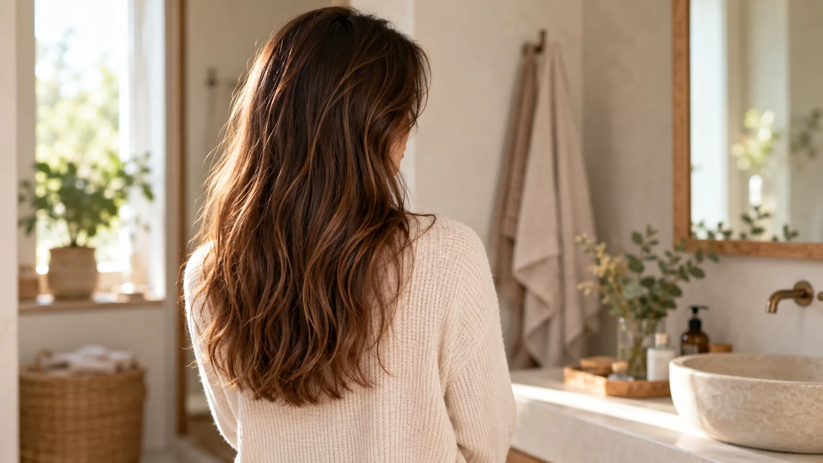 Donna osserva la lunghezza dei capelli castani in un ambiente domestico luminoso
