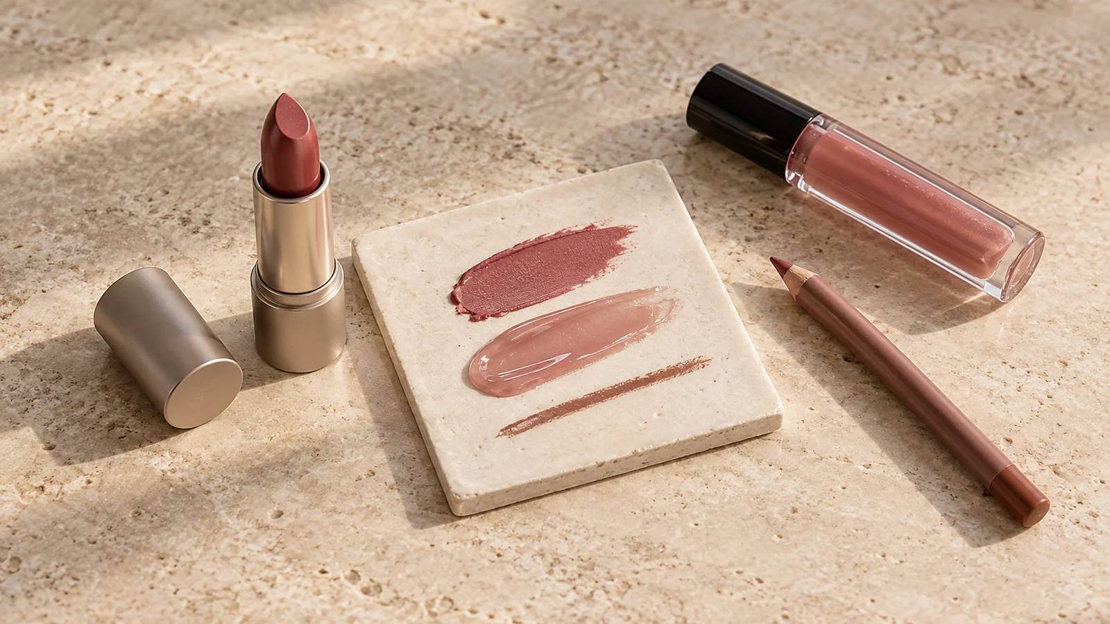 Rossetto color malva, gloss e matita labbra accanto a campioni su una mattonella chiara.