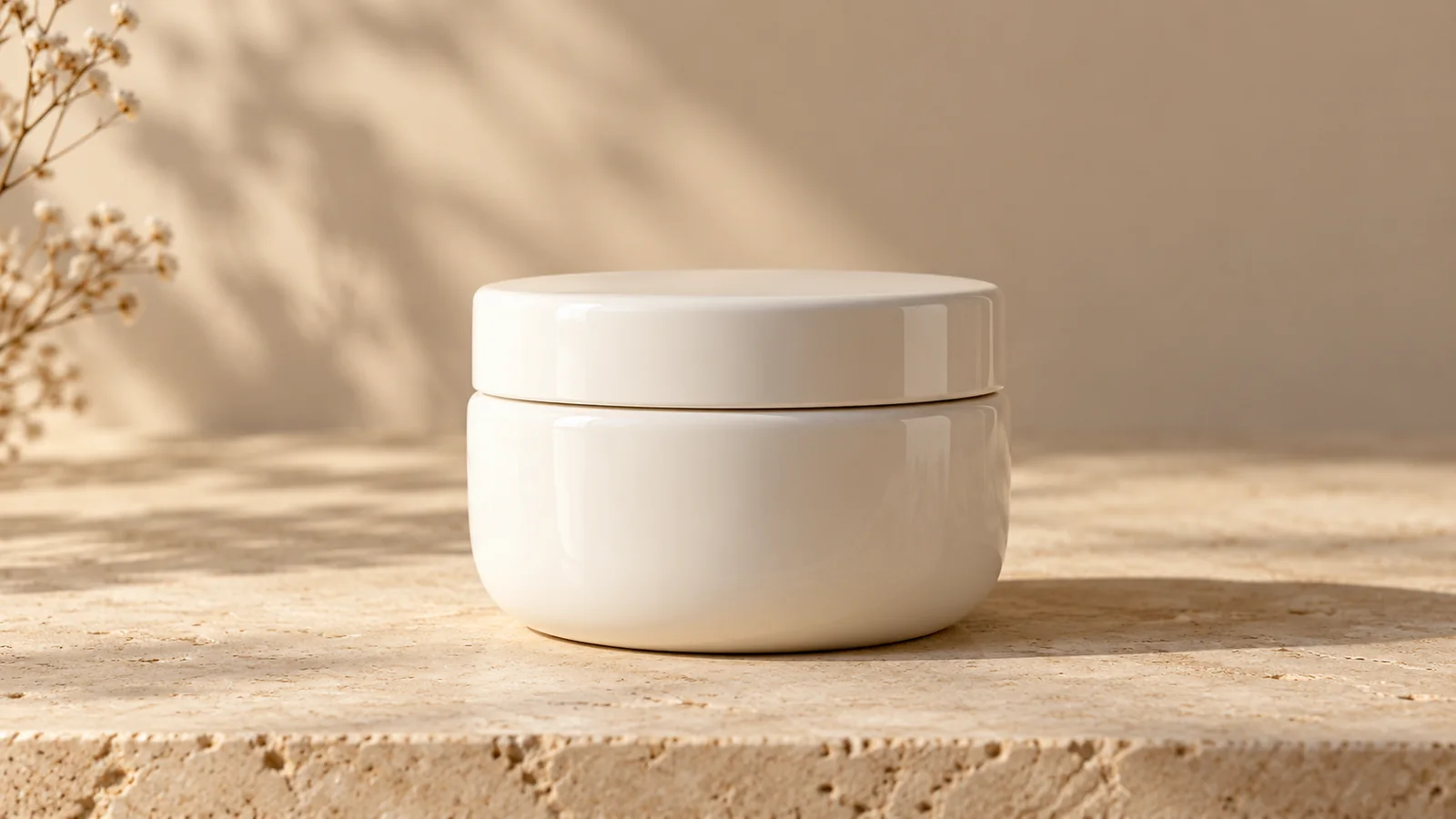 Vasetto bianco di crema cosmetica su una superficie in pietra