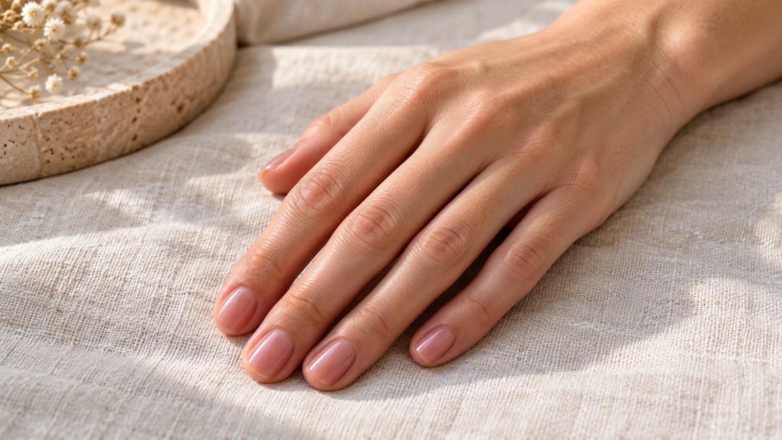 Mano con unghie corte arrotondate e smalto semitrasparente rosa