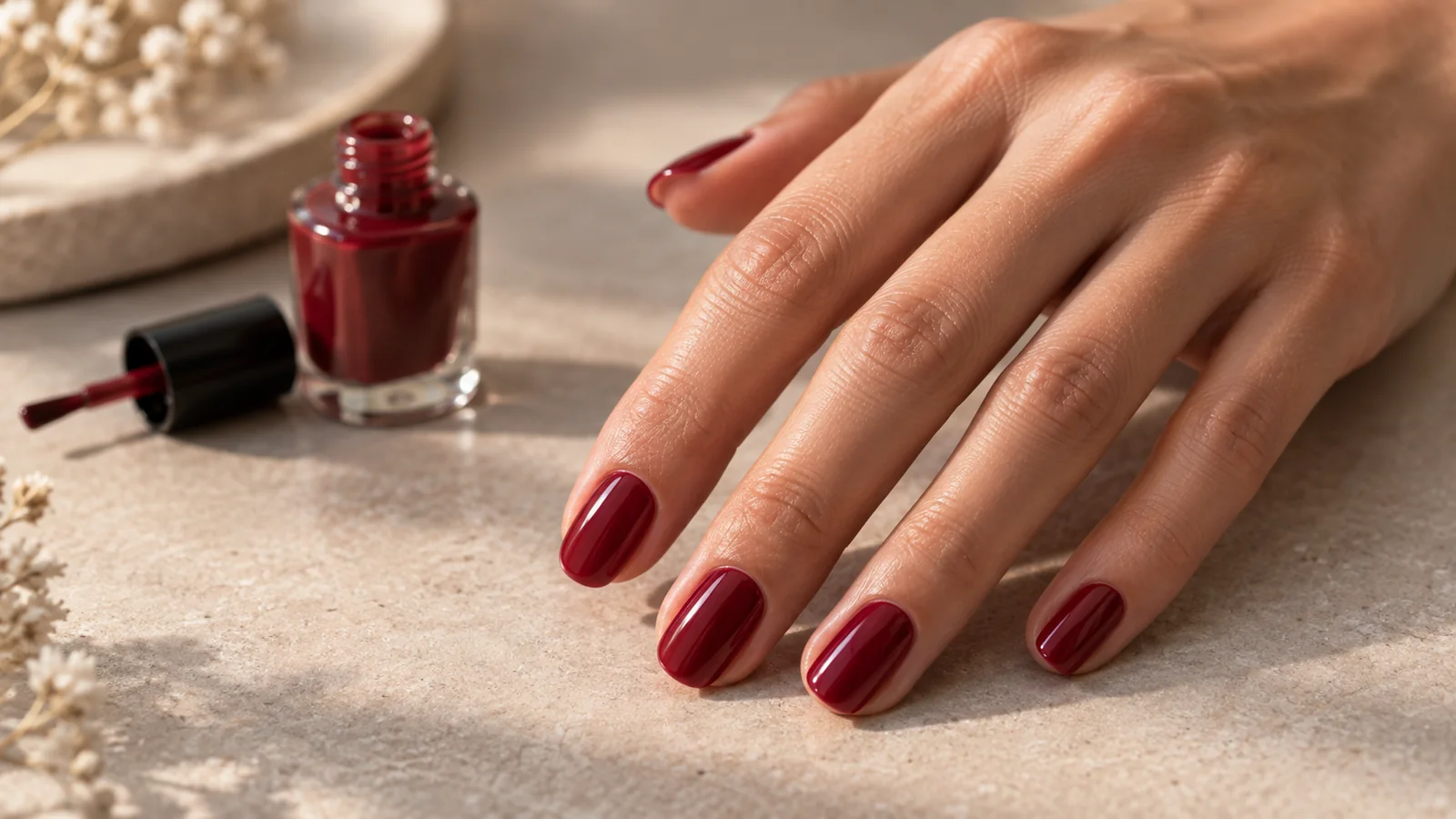 Mano con unghie smaltate di rosso accanto al flacone