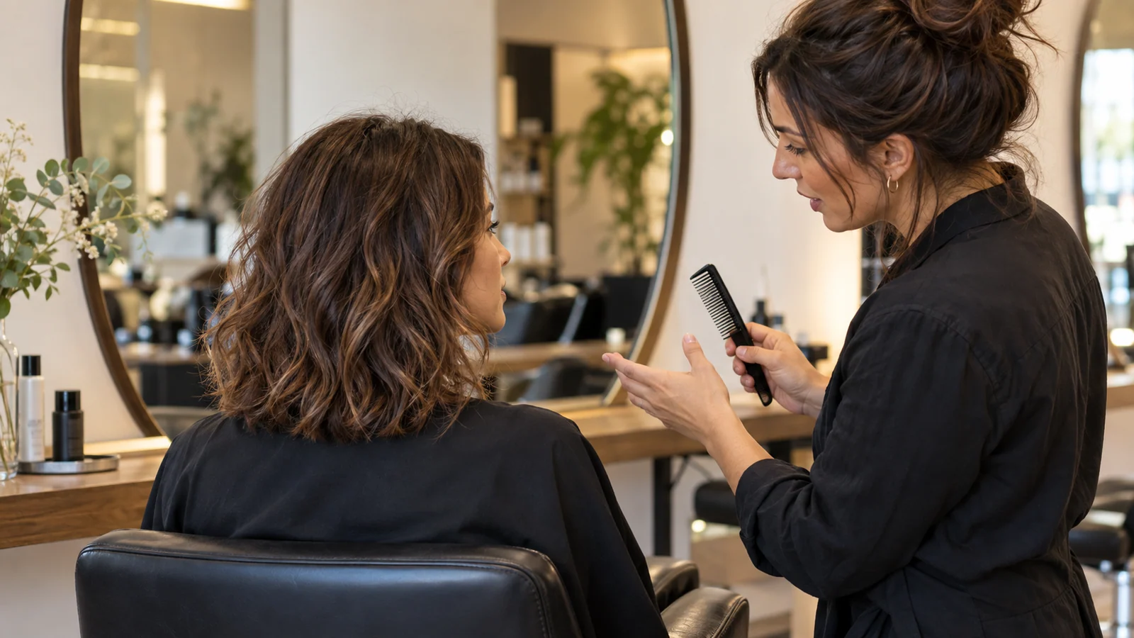 Una parrucchiera parla con una cliente dai capelli mossi tenendo un pettine.