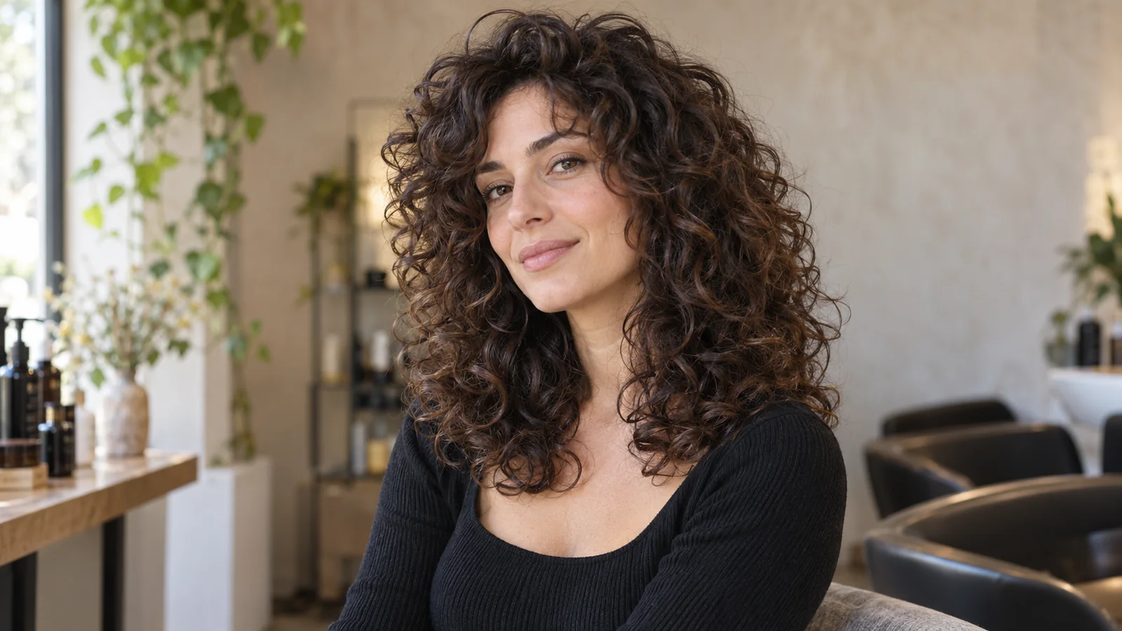 Donna con capelli ricci castani a strati, in posa in un salone luminoso