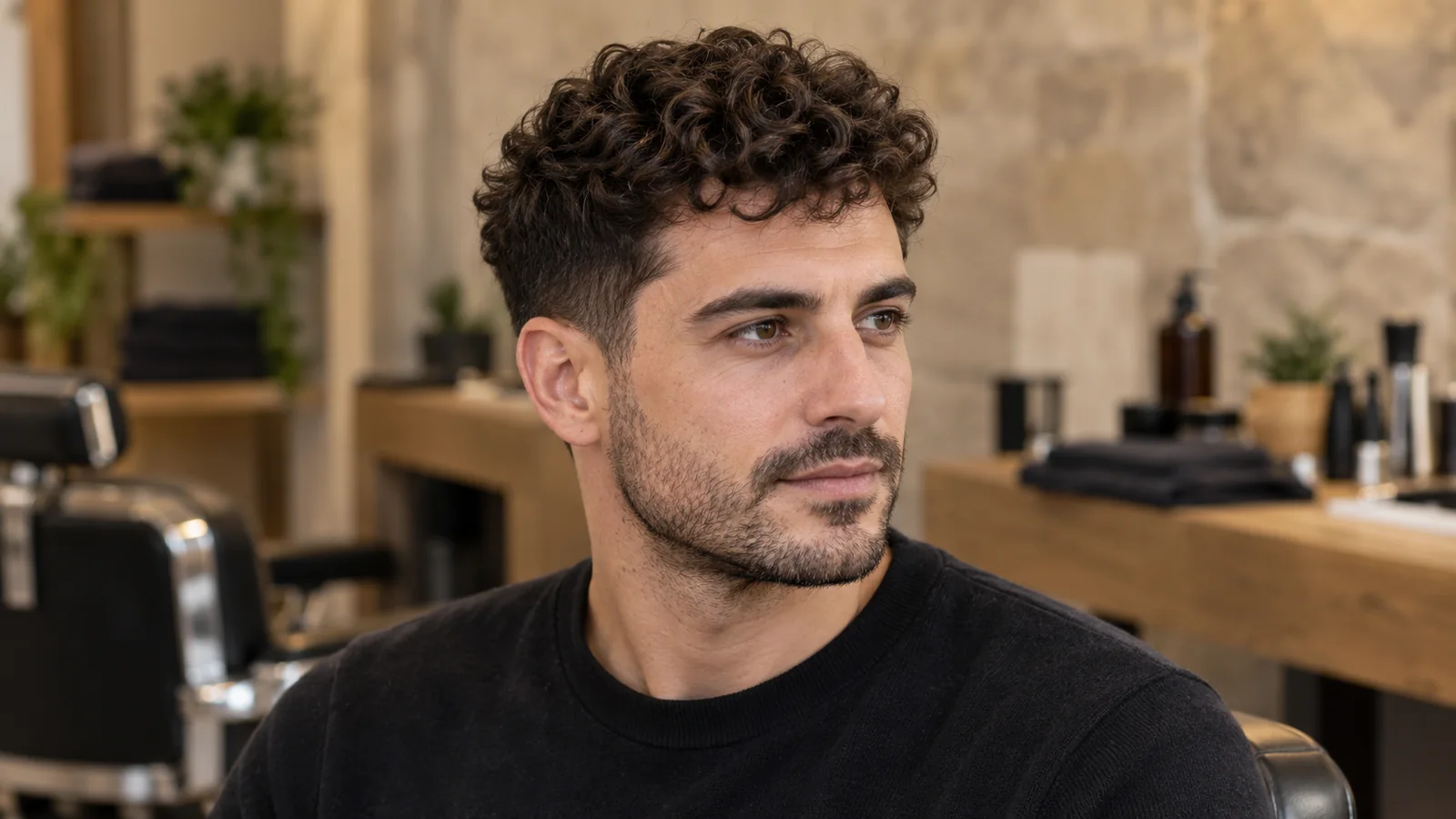 Uomo con ricci scuri e taglio corto sfumato ai lati