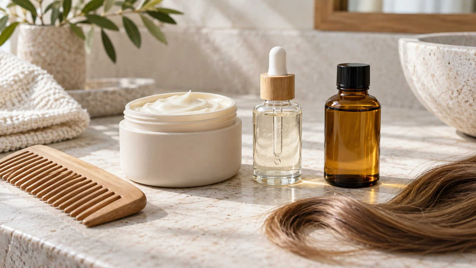 Vasetto di crema, siero con contagocce, olio ambrato e pettine su pietra.