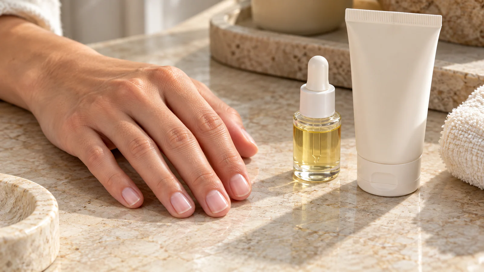 Mano con unghie naturali accanto a un flacone contagocce e a un tubo di crema.