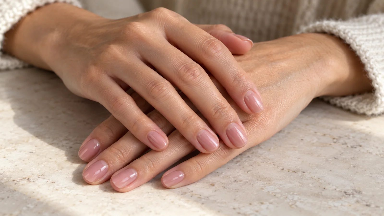Mani con smalto gel rosa naturale appoggiate su pietra chiara